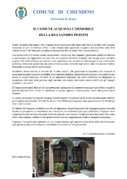 Il Comune acquista l'immobile della RSA Sandro Pertini
