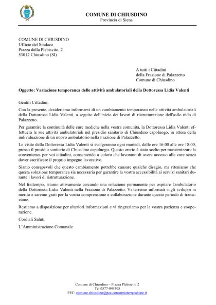 Variazione temporanea delle attività ambulatoriali della Dr.ssa Valenti nella frazione di Palazzetto
